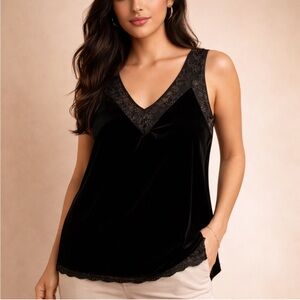 Black Velvet Lace V-Neck Tank Top – Size Medium – Elegant Evening Essential